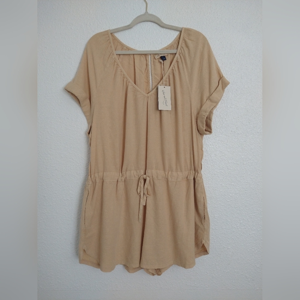Beige-Brown Linen Style Short Romper